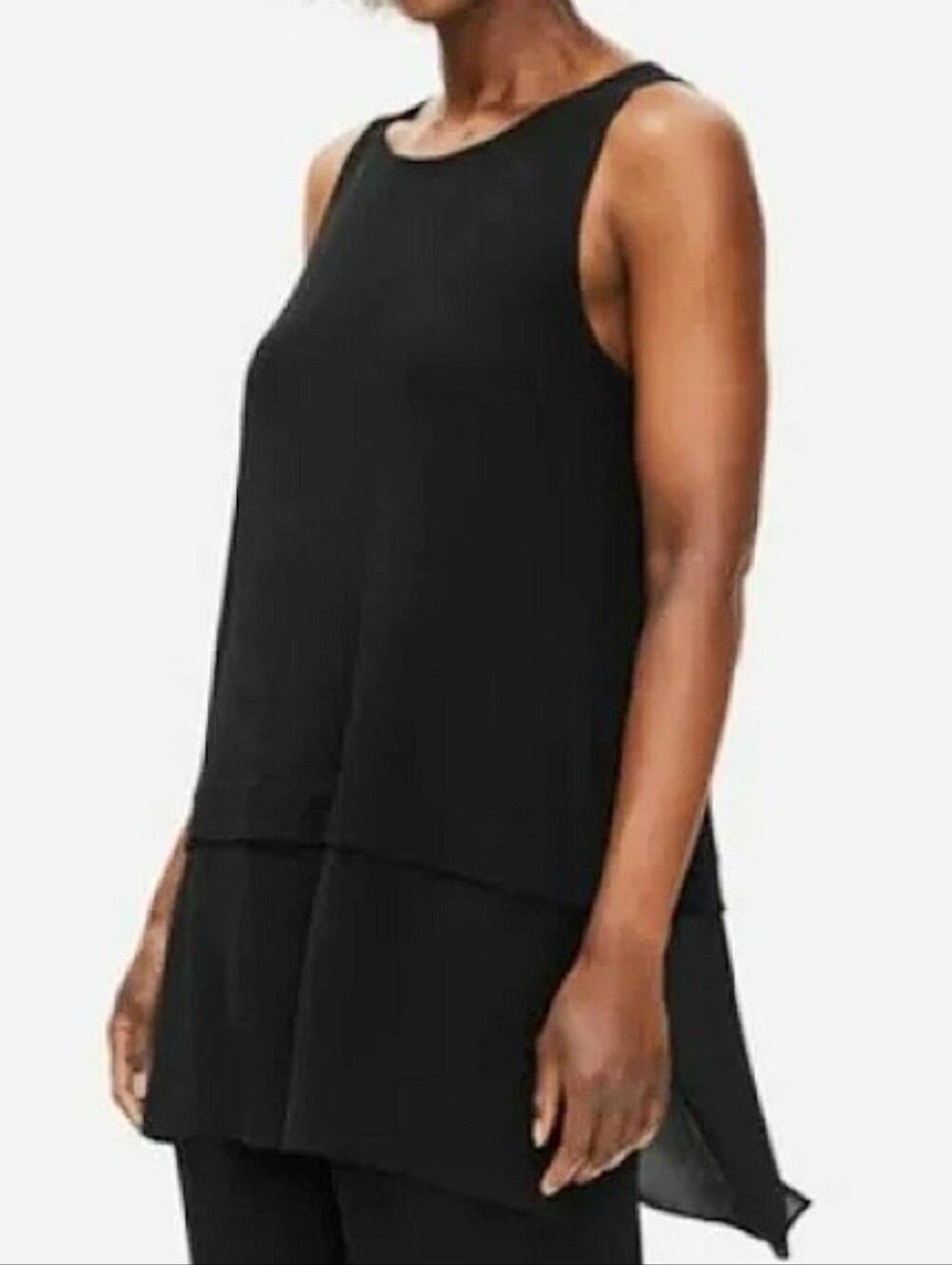 Eileen Fisher 100% Silk Twofer Sleeveless Tunic Top Sz Small Black